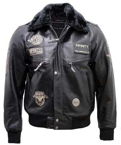 TruClothing.com Herren Echtleder Bomberjacke Aviator Pelzkragen Schwarz Braun Pilot Air Force