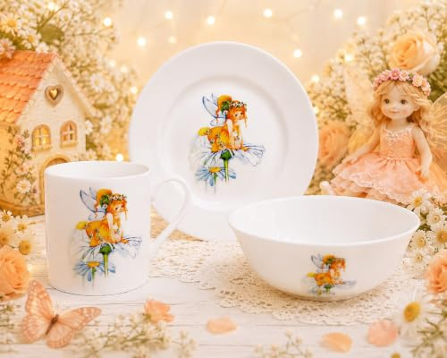 Floral Fairy White Breakfast Set 3 Pieces Plate Mug & Cereal Bowl Fine Bone China Kids Children Fairies & Flowers Hand Decorated UK