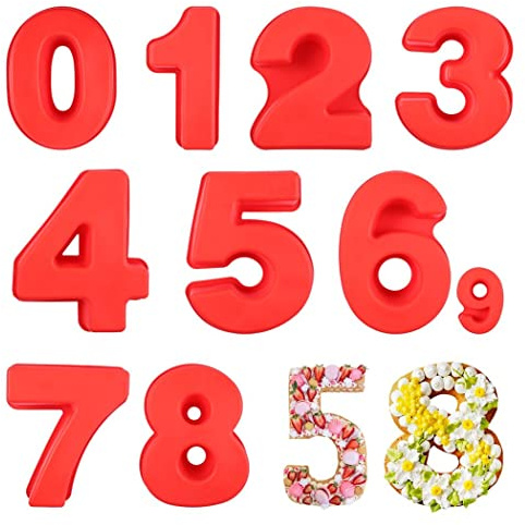 SWEWARM 9 PCS Number Cake Pans - Large 10 Inch Silicone 3D Number Cake Molds (Red)