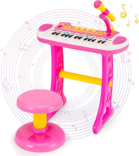 31-Key Kids Piano Keyboard Toy, Toddler Electronic Musical Instrument Educational Toy w/Microphone, Multiple Sounds, Record Playback, Lights & Stool, Birthday Gift for Girls Boys Age 3+ (Pink)