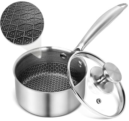 AuFranc™ Hybrid Nonstick 1 Quart Stainless Steel Saucepan with Glass Lid, Induction Sauce Pan with Honeycomb Carving, Non-stick Sauce Pot Compatible with All Cooktops, Dishwasher Safe, Non-Toxic