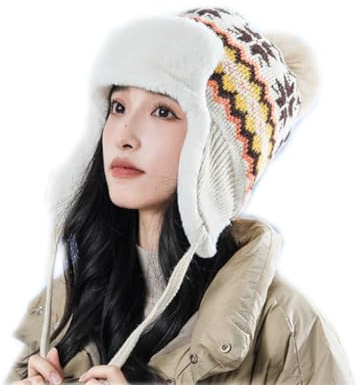 OhMill Women's Fleece Lined Hat Thick Floral Knit Pom Pom Bobble Hat with Ear Flap Ladies Beanie Cap Winter Hat Cap for Teenage Girls Students