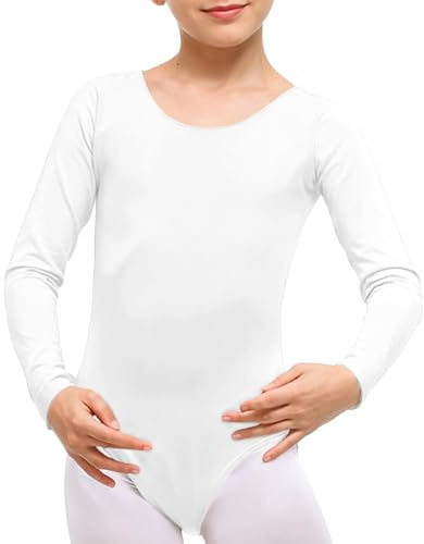 The Fancy Dress® Girls Cotton Stretch Leotards Kids School PE Ballet Dance Gymnastics Full Sleeves Bodysuit (White, 5-6 Years)