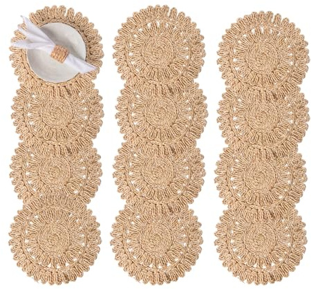 Laquedecraft 13.8 Set of 12 Round Corn Husk Placemats | Boho Wovean Rattan Table Mats | Farmhouse Wicker Spring Plate Chargers Like Water Hyacinth, Seagrass Table Mats