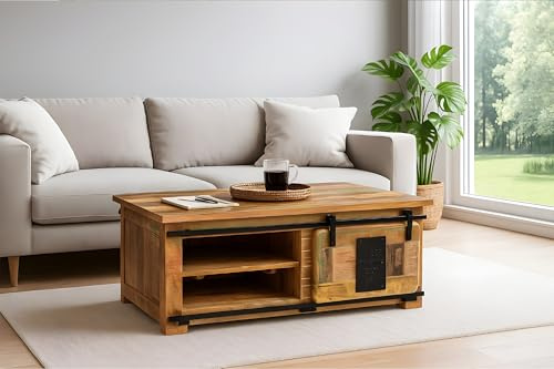 SAM Couchtisch Libro, Mangoholz massiv + bunt, Sofatisch mit Holzschiebetür & 3 offenen Fächern, Türelemente & Reling aus Eisen, 110 x 45 x 70 cm, Shabby Chic
