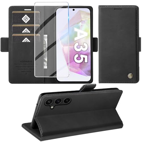 Giyer Handyhülle für Samsung Galaxy A35 5G Hülle mit Schutzfolie, Schutzhülle Galaxy A35 PU Leder Wallet Flip Case Standfunktion Kartenfach Klapphülle für Samsung A35 5G Full Cover (Schwarz)