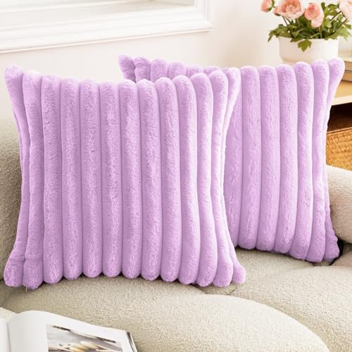 BAOLIZEGAO Doppelseitiger Kunstfell-Plüsch-Kissenbezug, flauschig, gestreift, weich, gemütlich, luxuriös, dekorative Kissen, quadratisch, flauschig, für Couch, Bett, Wohnzimmer, Lila, 2 Stück