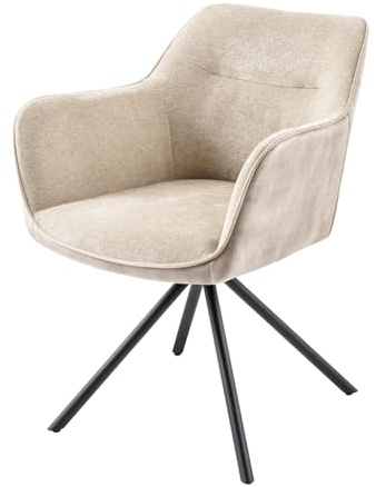 Stuhl VERONA - 58cm - champagner - Samt Metall-Beine drehbar Armlehne | Auto-Return-Funktion, hoher Komfort, pflegeleicht, stabil, Esszimmerstuhl, Gewebter Strukturstoff, Eyecatcher