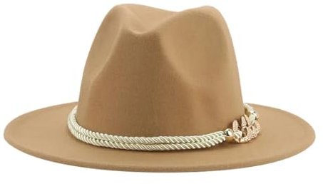 SOYNIA Fedora Trilby Filzhut Hut Damenhut Herren Fedora Breite Krempe Solid Weiß Kettengürtel Panama Jazz Caps Hip Hop Hochzeitshut 52-54 cm (Kinder) Kamel