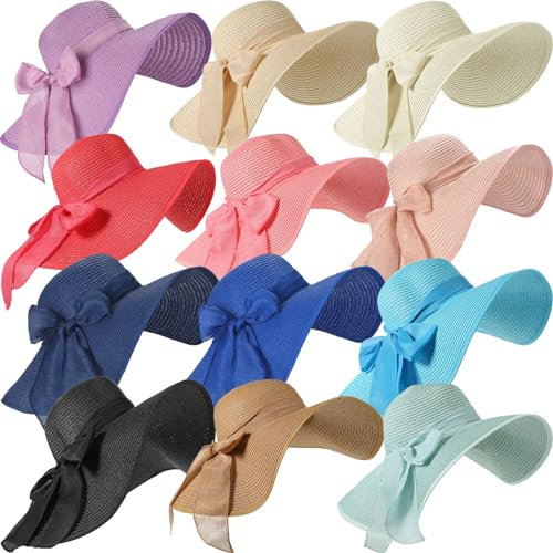 12 PCS Women's Wide Brim Straw Hats Floppy Sun Hat, Colorful, Floppy