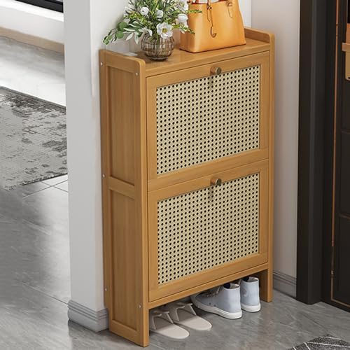 Generisch Schuhschrank Schmal Mit 2/3 Klappen, Schmaler Schuhregal, Schuhaufbewahrung, Bambus-Schuhschrank Freistehender Schuh-Organisator, Offenes Fach, Für Flure Und Wohnzimmer (68×17×87cm)