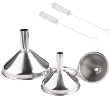 GroveEss Stainless Steel Kitchen Funnel Set,3 PCS Funnel and 2 PCS Cleaning Brush,Small Metal Funnels for Transferring Jam Cooking Oils Liquids Powders