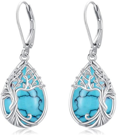 Árbol de la Vida Pendientes para Mujer Plata de Ley 925 Pendientes de Turquesa Pendientes Colgantes Árbol de la Vida Joyería para Mujer Niña(Arbol de la vida-E-1)