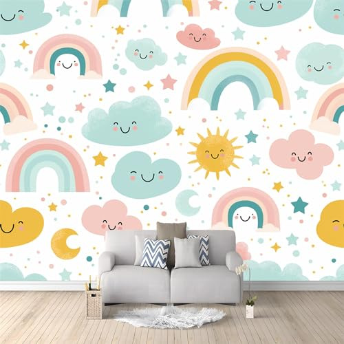 Papier Peint Intissé Nuages ​​arc-en-ciel de dessin animé Déco Murale Maison Chambre Salon, Photo Murale Décorative - Pour Jeunesse Enfants Cadeau 200 x 140 cm