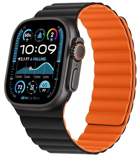 HITZEE Compatible with Apple Watch Strap 49/46/45/44/42/41/40/38mm, Soft Silicone Magnetic Band Compatible for iWatch Ultra 3/2/1 Series 11 10 9 8 7 SE3 6 5-1 (42/44/45/46/49mm, Black/Orange)