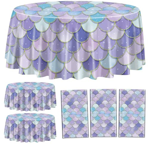 XJLANTTE 3 Pcs Mermaid Tablecloths, Mermaids Birthday Table Covers, Round Mermaid Ocean Sea Fish Scales Table Cloths for Girls Under the Sea Baby Shower Mermaids Party Supplies, 84 x 84 Inch