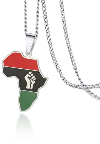 VASSAGO Afrikanische Halskette mit Faust Power in Pan für Damen, Edelstahl, farbige Afrika-Karte, Anhänger, Halskette, Afrika-Karte, Kontinent, Hiphop-Schmuck, Geschenk für Männer