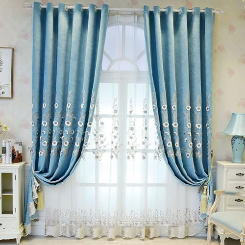 Bishilin Gardinen Blickdicht 2er Set, Verdunklungsvorhänge Ösen 102x183CM Stickerei mit Blumen Motiv Landhausstil Chenille Vorhänge Blau Schlafzimmer Kinderzimmer Jugendzimmer