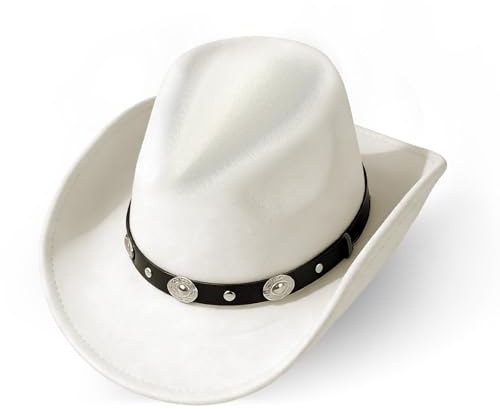 Westernhut Cowboyhut für Herren und Damen, mit Gürtel, Sonnenschutz, weicher Fedora-Hut mit formbarer breiter Krempe, für Mädchen und Jungen, Weiß, M