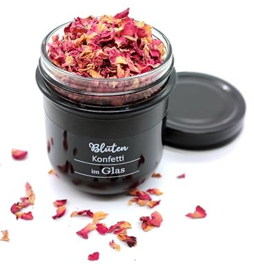Blütenkonfetti im Glas – Duftende Rosenblüten in schwarzem Schraubglas, natürliches Potpourri mit Wildrosen-Duftöl, stilvolle Dekoration und nachhaltiges Geschenk, Durchmesser 7 cm, Höhe 8,5 cm