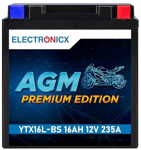 Electronicx YTX16L-BS AGM Motorradbatterie 12V 16Ah 235A - Wartungsfreie, versiegelte, kompakte und zuverlässige Starterbatterie - Ideal für Roller, Quad, ATV und Motorrad - sofort einbaufertig.