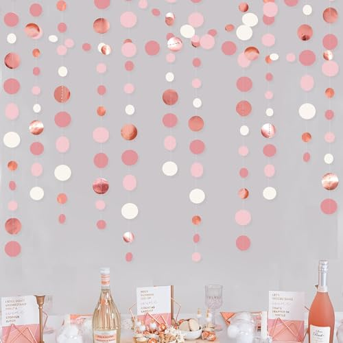 Roségoldene Staubiges Rosa Kreisförmige Punkte Girlande Errötendes Rosa Hängende Papierschlange mit Punkten für Geburtstag Hochzeit Braut Junggesellenabschied Verlobung Babyparty Jahrestag Party