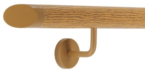 TIBU Handlauf Aluminium Eiche Holz Dekor 30-600cm Wandhandlauf Treppe gewinkelte Edelstahlhalter, Länge 100 cm mit 2 Halter und schräges Endstück