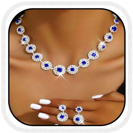 Unicra Blue Bridal Wedding Jewelry Sets Rhinestone Choker Necklaces and Earrings Set Costume Prom Formal Crystal Jewelry Set for Women and Brides (Blue, One Size)