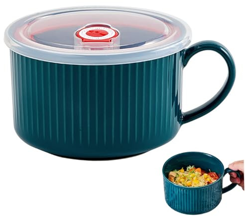 Tazón de sopa, taza de sopa de microondas con tapa, tazones de cerámica con manijas de recién llegada de recipiente de microondas portátil para uso instantáneo de cereales de fideos.