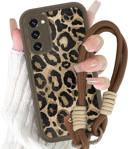 Yirlbey Handyband Handyhülle für Samsung Galaxy S20 FE 4G/5G Hülle mit Band Kette, Schnur Schutzhülle mit Aesthetic Leopard Muster mit Kordel zum Umhängen Cover, Silikon für Samsung S20 FE 6,5, Braun