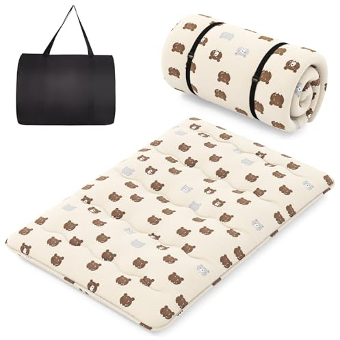 FANTASK Japanische Futon Matratze, 140 x 200 cm Tatami-Matte, Bodenmatratze, Klappmatratze mit waschbarem Bezug, Faltbare Schlafmatte, Braunbär
