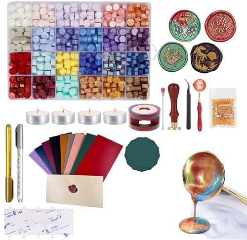 24 Couleurs Kit de Cire à Cacheter Noël,600 Perles de Sceau de Cire, Tampon de Sceau de Cire,Chauffe-Cire à Cacheter,Cuillères,Bougies Chauffe-Plat,Enveloppes pour Invitations de Mariage,Enveloppes