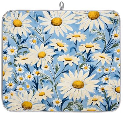 Abstract Oli Painting Daisy Absorbent Dish Drying Mat for Kitchen Counter, Reversible Microfiber Dish Drying Pad with Hanging Loop for Glassware Utensils Pots 16x18 in