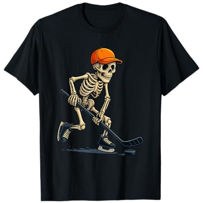 Skeleton Playing Ice Hockey Halloween Costume Funny Men Boys T-Shirt