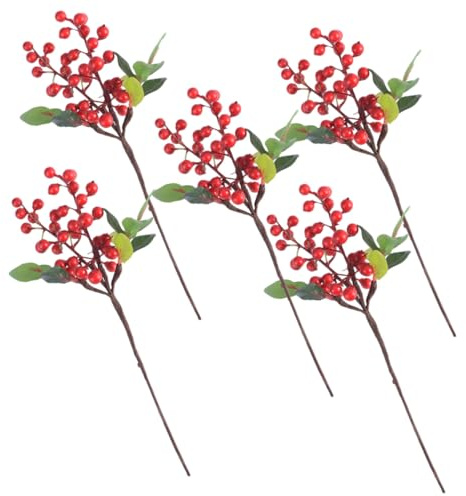 BAZEITFLOW Bayas De Acebo Falsas Grandes Rojas, 5 Tallos Decorativos De Navidad, Material Plástico Color Brillante, para Bricolaje, Adornos para Árbol y Decoración del Hogar Invierno