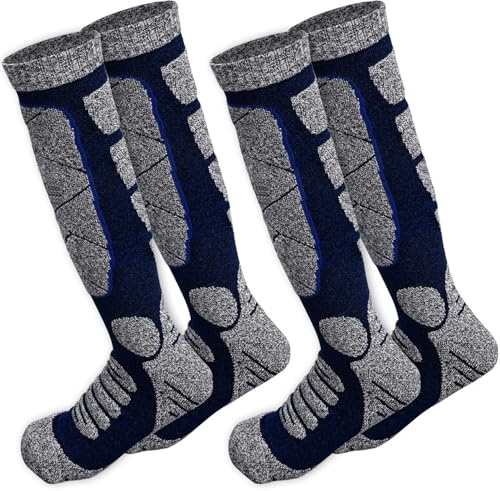 INSPUTOL Chaussettes de Ski pour Hommes et Femmes, Chaussettes Hautes Thermiques pour Snowboard, randonnée et Temps Froid (Lot de 2, Bleu-Gris, Taille L)