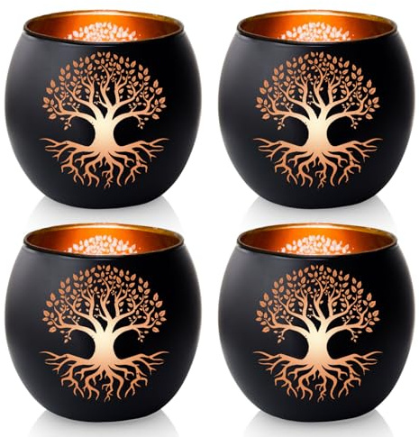 Lebensbaum Kerzenhalter 4er Set - Teelichthalter Glas, Baum des Lebens Windlicht für Tischdeko Wohnzimmer, Spirituelle Geschenke für Frauen Männer, Schwarz & Gold