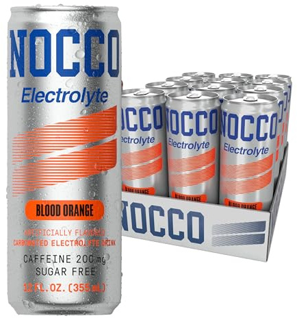 NOCCO Zero Sugar Electrolyte Drink, Blood Orange - 12 Fl Oz (Pack of 12) - 200mg Caffeine, Sugar Free with Electrolytes, Carbonated & Low Calorie, B Vitamins, Grab & Go Performance Drink