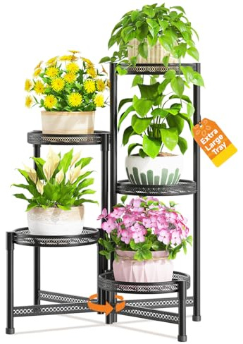 VASZOLA 5-stufiger, klappbarer Pflanzenständer für drinnen und draußen, große, robuste Metallablage mit verstellbaren Ablagen und 25 cm breitem Ablagefach, Blumenhalter für moderne Terrassen, Schwarz