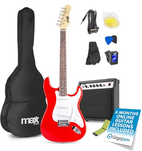 Max GigKit Red Beginner Electric Guitar Starter Pack with 40W Amplifier, Digital Tuner, String Cleaner, Soft Case, Spare Strings, 2 Picks & Accessories – Ideal Guitar Kit for Beginners & Students