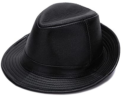Svart fedoras hattar män äkta läder retro jazz caps gentleman äkta läder lyx sp-ring klassisk filt trilby hatt(Zwart,L(55-56CM))