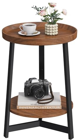 HOMPLE Industrial 2 Tier Round Side Table with Storage Shelf,Accent Tray End Table with Triangular Metal Support, Nightstand Bedside Sofa Table for Living Room, Bedroom, Balcony, Cherry