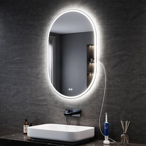 SONNI LED-badrumsspegel med uttag, 90 x 60 cm, oval badrumsspegel med belysning, touch-drift anti-dimma, 3 färger, dimbar och minne för strömavbrott