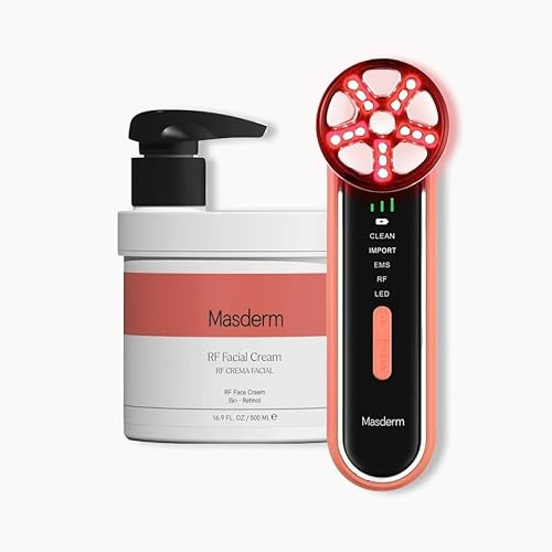 RF Tratamiento Facial Antiedad y Reafirmante MASDERM – Masajeador Eléctrico 7 en 1 con Radiofrecuencia y LED + Crema Facial 500 ml con Ácido Hialurónico y Colágeno para Efecto Lifting en Cara y Cuello