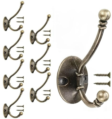 Minnhua 8pcs Brass Coat Hooks Wall Mounted Door Hooks Antique Brass Hooks | Double Robe Hooks Vintage Hooks for Hanging Heavy Duty Metal Hooks for Door Bedroom Kitchen Office Hallway Closets