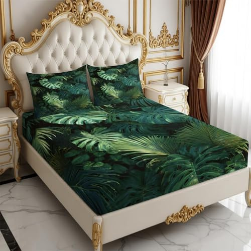 Spannbettlaken 180 x 200 cm Dschungel-Monstera Spannbetttuch Grün Drucken Bettlaken weich atmungsaktiv Tiefe Tasche 25 cm mit 2 Kissenbezügen 80x80 cm