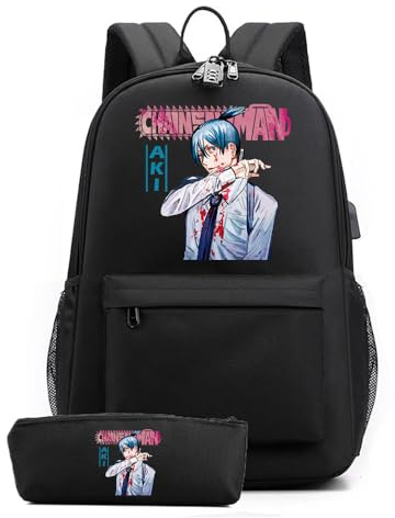 Huacaiyu Anime Chainsaw Man School Bag College Backpack Anti Theft Travel Daypack with Pencil Case, Denji Pochita Large Bookbags for Teens Girls Boys Black