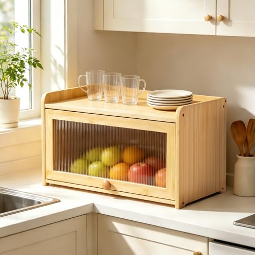 Viugreum Bread Bin Kitchen Countertop, Non-slip Bamboo Storage Box with Clear Windows, Wooden Sourdough Breadbox, Natural Wood Bread Bin Organizer featuring Air Vents- Keeps Bread Fresh for Longer
