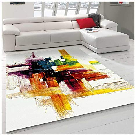 Paco Home Alfombra Salon De Habitacion Pelo Corto Moderna Vintage Motivo Abstract Colorido, tamaño:80x150 cm, Color:Amarillo-Blanco