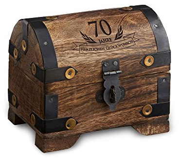 Casa Vivente Kleine Schatztruhe zum 70. Geburtstag – Schmuckkästchen mit Gravur – Aufbewahrungsbox aus dunklem Holz – Verpackung für Gutscheine – Geburtstagsgeschenk für Männer und Frauen